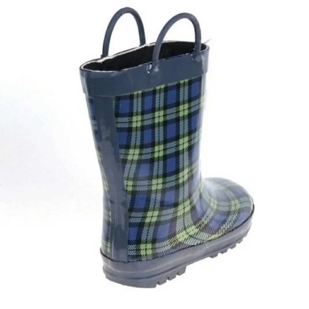 Kids Rainboots, Faux Fur Lined Rain Boots, K-1557 Blue Plaid, Size Toddler 11